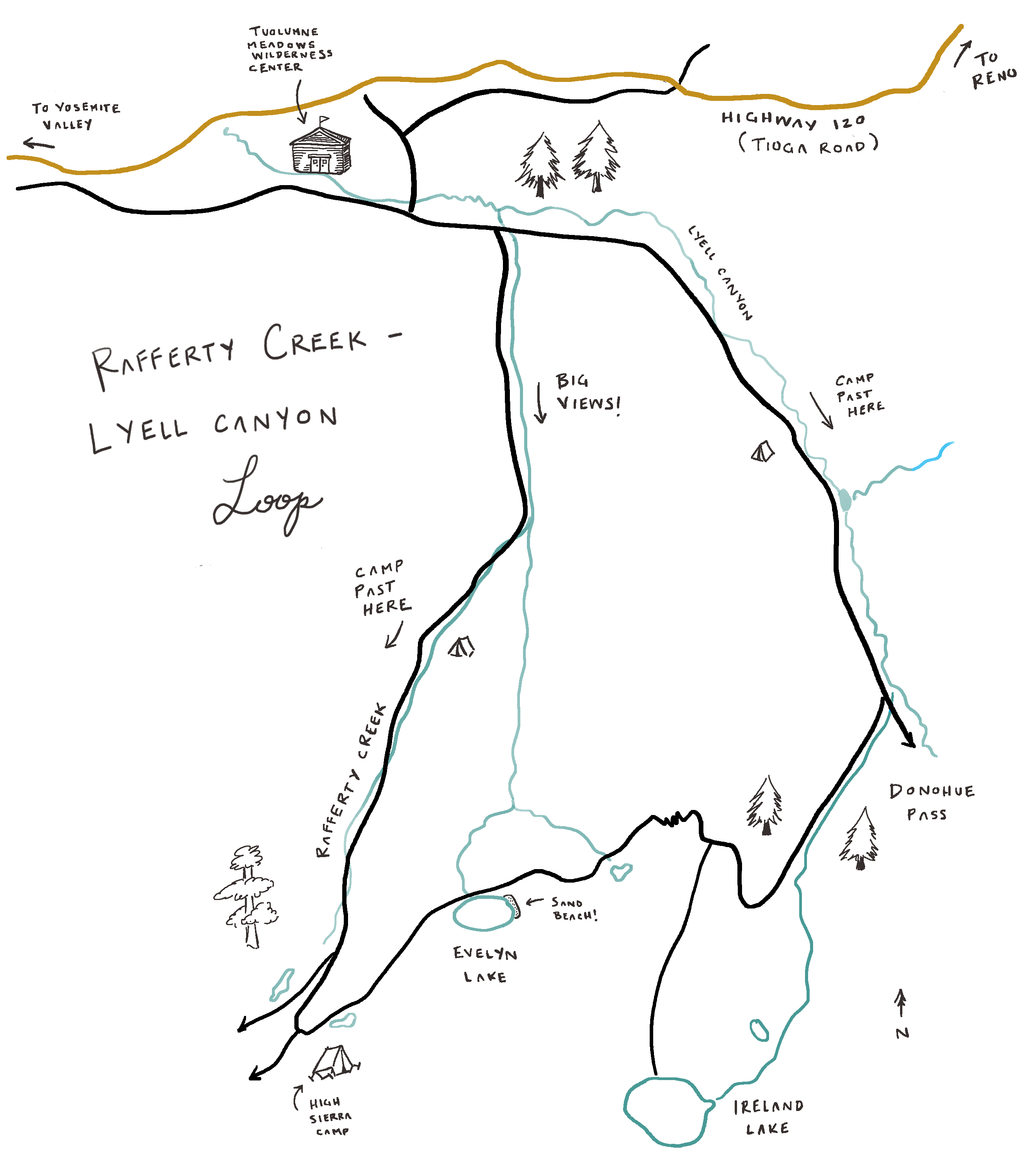 Lyell Canyon Vogelsang loop in Yosemite National Park backpacking guide map