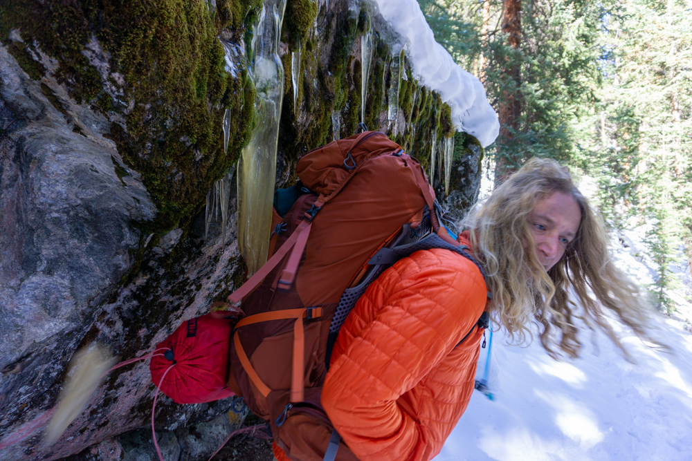 Dylan smashing into an icicle, winter backpacking fun