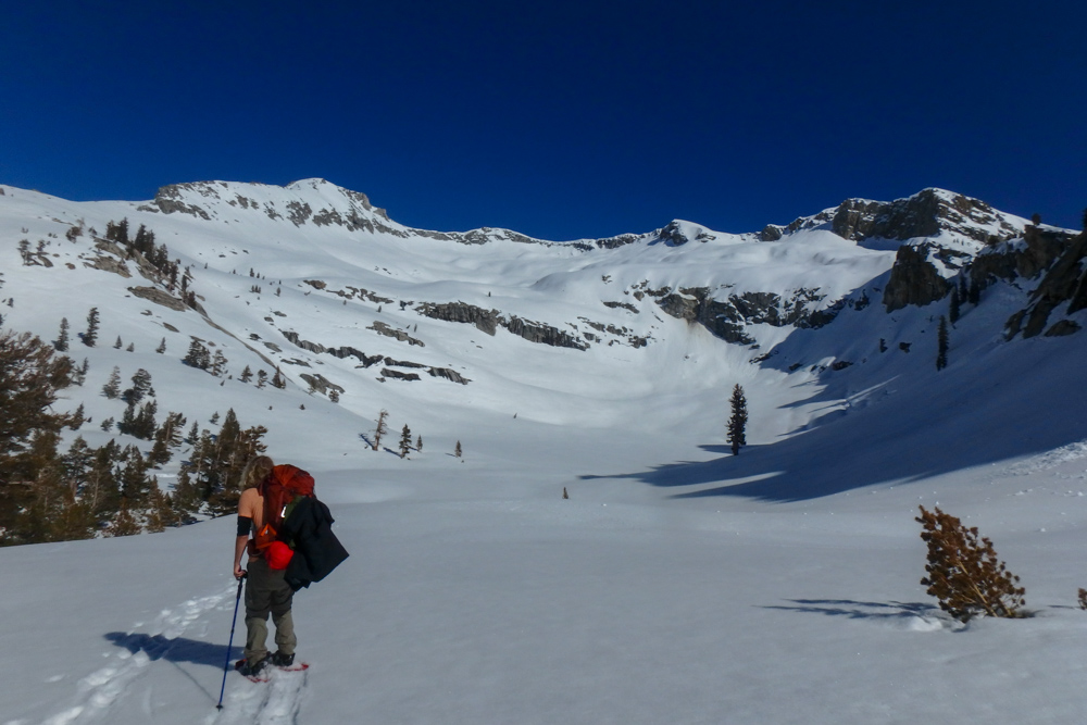 winter backpacking in the snow, on the trail to Pear Lake